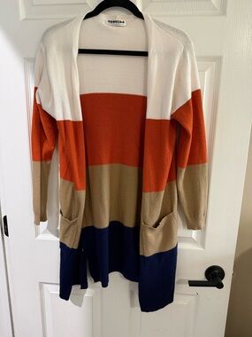 Wish White Orange Tan Navy Colorblock Open-Front Cardigan